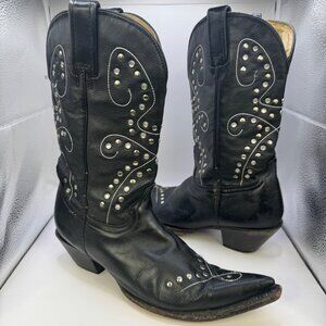 Rudel Womens Black Studded Cowboy Boots Size 8E Pointy Toe Rhinestone